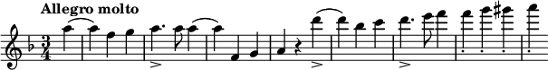 
\new Staff << \set Staff.midiInstrument = #"violin" \relative c''{ \clef treble \key d \minor \time 3/4 \tempo "Allegro molto" \tempo 2. = 80 \partial 4 a'4( 4) fg a4._> 8 a4( 4) f, gar d'4_>( 4) bes c d4._> e8 f4 4_. g_. gis_. a_. } >>
