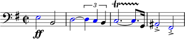  \relative c{ \set Staff.midiInstrument = #"tuba" \set Score.tempoHideNote = ##t \tempo 4 = 130 \clef bass \key g \major \time 2/2 \once \override NoteHead.color = #red e2 \ff b \override NoteHead.color = #red d~ \times 2/3 { d4 c \override NoteHead.color = #black b } \override NoteHead.color = #red c2.~\startTrillSpan c8. \override NoteHead.color = #black g16\stopTrillSpan \override NoteHead.color = #red ais2\accent\staccato fis\accent\staccato } 
