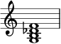  { \override Score.TimeSignature #'stencil = ##f \relative c' { \clef treble \time 4/4 \key c \major <gb des f>1 } } 