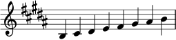 { \omit Score.TimeSignature \relative c' { \key b \major \time 2/1 b cis dis e fis gis ais b} }