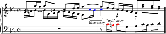 \layout { \context { \Voice \consists "Horizontal_bracket_engraver" \override TextScript.font-size = -2 } } \new PianoStaff << \new Staff \fixed c' { \key c \minor << { bes8 g'16 f' g'8 b c' d'16 ees' f'4~ | 8 ees'16 d' c' bes aes g f8 aes' g' f' | } \\ { g16 a bes8~ 16 ees fg aes gf ees d8 \override NoteHead.color = #red c'16\startGroup_"false entry" b | c'4\stopGroup \revert NoteHead.color r r8 f' ees' d' | } >> \bar "||" } \new Staff { \clef bass \key c \minor R1 | r8 \override NoteHead.color = #blue c'16^"\"real\" entry" b c'8 \revert NoteHead.color g aes c'16 b c'8 d' | } >>