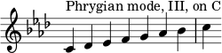 { \override Score.TimeSignature #'stencil = ##f \key c \phrygian \relative c' { \clef treble \time 7/4 c4^\markup { Phrygian mode, III, on C } des es fg aes bes c } }
