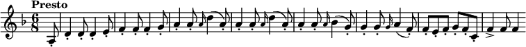 
\new Staff << \set Staff.midiInstrument = #"violin" \relative c'{ \clef treble \key d \minor \time 6/8 \tempo "Presto" \tempo 4. = 200 \partial 8 a8_. d4_. 8_. 4_. e8_. f4_. 8_. 4_. g8_. a4_. 8_. \grace {a16} (d4 a8_.) a4_. 8_. \grace {a16} (d4 a8_.) a4_. 8_. \grace {a16} (d4 a8_.) a4_. 8_. \grace {a16} (bes4 g8_.) 4_. 8_. \grace {g16} (a4 f8_.) f_. e_. f_. g_. f_. c_. f4_> 8 4 } >>
