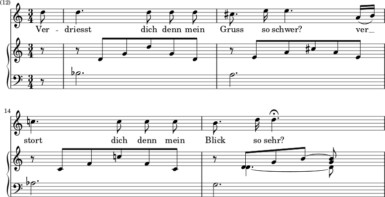 \layout { \context { \Score \accidentalStyle no-reset } } << \new Staff \fixed c' { \time 3/4 \partial 8 \omit Score.MetronomeMark \tempo 4=90 \autoBeamOff \set Score.currentBarNumber = 12 \set Score.barNumberVisibility = #all-bar-numbers-visible \set Staff.midiInstrument = "جوقة آآآه" d'8 | 4. 8 8 8 | رابطة الدول المستقلة'8. ه'16 4.a16[( ب]) | ج'4. 8 8 8 | ب8. d'16 4.\fermata s8 | } \addlyrics { Ver -- driesst dich denn mein Gruss so schwer؟ ver __ stort dich denn mein Blick so sehr؟ } \new PianoStaff << \new Staff \fixed c' { r8 | rdg d' gd | rea cis' ae | \break rcf c' fc | r << { d[ gb]~ <g b> } \\ { d4.~ 8 } >> s8 | } \new Staff { \clef bass r8 | bes2. | a | aes | g | } >> >> 