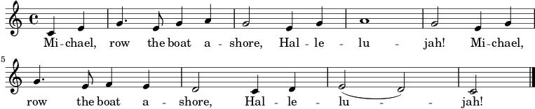  \fixed c' { \time 4/4 \key c \major \partial 2 c4 e | g4. e8 g4 a | g2 e4 g | a1 | g2 e4 g | \break g4. e8 f4 e | d2 c4 d | e2( d2) | c2 \bar "|." } \addlyrics { \repeat unfold 2 { Mi -- chael, row the boat a -- shore, Hal -- le -- lu -- jah! } } 