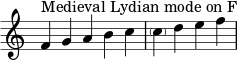 { \override Score.TimeSignature #'stencil = ##f \relative c' { \clef treble \time 5/4 f4^\markup { نمط الليديان في العصور الوسطى على F } gabc \time 4/4 \parenthesize cdef } } 