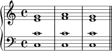 { \new PianoStaff << \new Staff << \new Voice \relative c'' { \stemUp \clef treble \key c \major \time 4/4 g1 ag } \new Voice \relative c' { \stemDown e1 fe } >> \new Staff << \new Voice \relative c' { \stemUp \clef bass \key c \major \time 4/4 c1 cc } \new Voice \relative c { \stemDown c1 cc \bar "||" } >> >> }