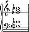 \new PianoStaff << \omit Score.TimeSignature \new Staff { <ees' g' bes'>1 } \new Staff { \clef bass <e? ب>1 } >>