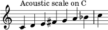 { \override Score.TimeSignature #'stencil = ##f \relative c' { \clef treble \time 7/4 c4^\markup { سلم موسيقي صوتي على C } de fis ga bes c } }