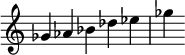 { \override Score.TimeSignature #'stencil = ##f \relative c'' { \time 5/4 ges aes bes des ees ges } }

