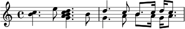 { << \clef treble \relative c'' { \time 4/4 \stemNeutral <b c>4. e8 <g, abc d>4. b8 \stemUp d4. c8 b8. c16 d c8. } \\ \relative c'' { s1 g4. a8 b8. a16 g a8. } >> } 