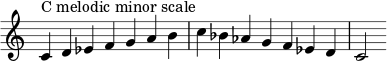 { \override Score.TimeSignature #'stencil = ##f \relative c' { \clef treble \time 7/4 c4^\markup { سلم دو الصغير اللحني } d es fgab c bes aes gf es d c2 } } 