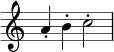 { \override Score.TimeSignature #'stencil = ##f \relative c'' { a4-. b-. c2-. } }