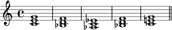 { \relative c' { \clef treble \time 4/4 \key c \major <ce g>1 <bes d f> <aes c es> <bes d f> <ce! g> \bar "||" } } 
