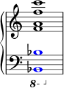 { \override Score.TimeSignature #'stencil = ##f \new PianoStaff << \new Staff << \relative c' { \stemUp \clef treble \key c \major \time 4/4 <fa f' c'>1 } >> \new Staff << \relative c, { \clef bass \key c \major \time 4/4 \ottava #-1 \once \override NoteHead.color = #red <bes bes'>1 } >> >> }