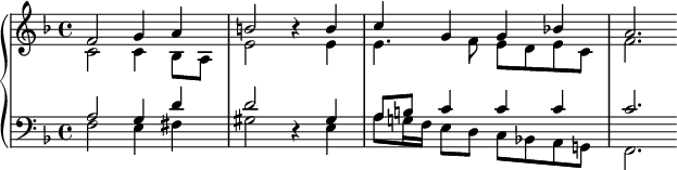 
{ #(set-global-staff-size 14) \new PianoStaff << \new Staff << \new Voice \relative c' { \stemUp \clef treble \key f \major \time 4/4 f2 g4 a b2 r4 b c4 gg bes! a2. } \new Voice \relative c' { \stemDown c2 c4 bes8 a e'2 s4 e e4. f8 edec f2. } >> \new Staff << \new Voice \relative c' { \stemUp \clef bass \key f \major \time 4/4 a2 g4 d' d2 r4 gis, a8 b c4 cc c2. } \new Voice \relative c { \stemDown f2 e4 fis gis2 s4 e a8 g!16 f e8 dc bes! ag! f2. } >> >> }
