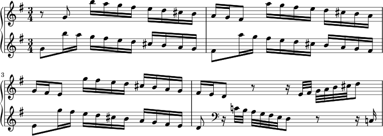  \new PianoStaff << \new Staff \relative c'' { \key g \major \time 3/4 r8 g b'16 ag fis ed cis b | a16 g fis8 a'16 g fis ed cis ba | g16 fis e8 g'16 fis ed cis bag | fis16 e d8 r r16 e32 fis gab cis d8 | } \new Staff \relative c'' { \key g \major g8 b'16 ag fis ed cis bag | fis8 a'16 g fis ed cis bag fis | e8 g'16 fis ed cis bag fis e | d8 \clef bass r16 c!32 bag fis e d8 r r16 c! | } >> 