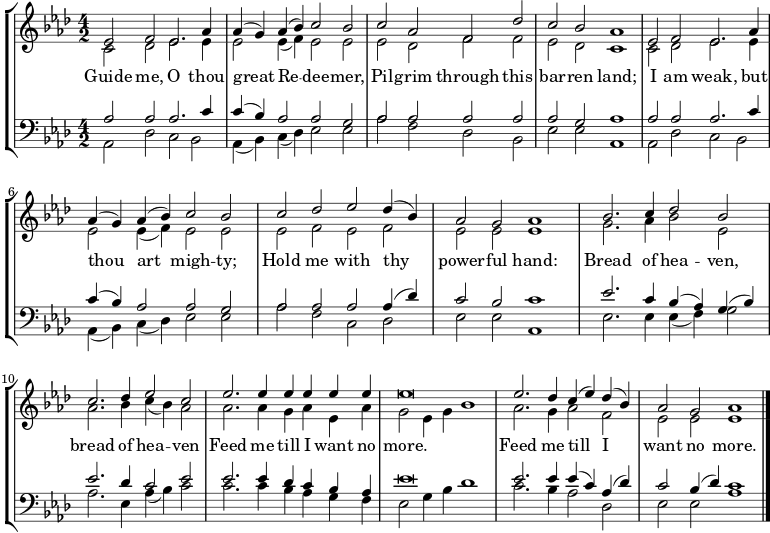  \new StaffGroup << \new Staff \relative c' { \set Staff.midiInstrument = "كنيسة الأرغن" \time 4/2 \key aes \major \tempo 2 = 80 \set Score.tempoHideNote = ##t << { \voiceOne ees2 f ees2. aes4 | aes (ز) aes (bes) c2 bes2 | ج aes f des' | ج بس aes1 | ees2 و ees2. aes4 | aes (ز) aes (bes) c2 bes2 | c2 des ees des4 (bes) | aes2 ز aes1 | bes2. c4 des2 بيس | ج2. des4 ees2 ج | es2. ees4 إيس إيس إيس إيس | إيس\بريفي | es2. des4 ج (ees) des (bes) | aes2 g aes1 \bar "|." } \new Voice="Alto" { \voiceTwo c,2 des ees2. ees4 | ees2 ees4 (f) ees2 ees | ees des ff | ees des c1 | c2 des ees2. ees4 | ees2 ees4 (f) ees2 ees | ees2 و ees و | إيس إيس إيس 1 | g2. aes4 bes2 ees، | aes2. bes4 ج (bes) aes2 | aes2. aes4 g aes aes aes | g2 ees4 ز bes1 | aes2. g4 aes2 و | ees ees ees1 } >> } \addlyrics { أرشدني أيها العظيم Re -- dee -- mer, Pil -- قاتم عبر هذا الشريط -- ren Land; أنا ضعيف ولكنك أنت القوي. أمسك بي بيدك القوية: خبز السماء، خبز السماء، أطعمني حتى لا أرغب بالمزيد. أطعمني حتى لا أرغب بالمزيد. } \new Staff \relative c { \set Staff.midiInstrument = "church organ" \time 4/2 \key aes \major \clef "bass" << { \voiceOne aes'2 aes aes2. c4 | c (bes) aes2 aes g | aes aes aes aes | aes g aes1 | aes2 aes aes2. c4 | c (bes) aes2 aes g | aes aes aes aes4 (des) | c2 bes c1 | ees2. c4 bes (aes) g (bes) | ees2. des4 c2 ees | ees2. ees4 des c bes aes | ees'\breve | ees2. ees4 ees (ج) aes (des) | c2 bes4 (des) c1 } \new Voice="Bass" { \voiceTwo aes,2 des c bes | aes4 (bes) ج (des) ees2 ees | aes f des bes | إيس إيس إيس,1 | aes2 des c bes | aes4 (bes) ج (des) ees2 ees | Aes FC des | ees2 ees aes,1 | إيس'2. ees4 ees (و) g2 | aes2. ees4 aes (bes) c2 | ج2. c4 bes aes gf | ees2 g4 بيس des1 | ج2. bes4 aes2 des، | ees ees aes1 } >> } >>