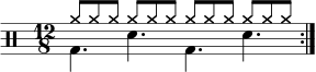  \new Staff << \new voice \relative c' { \clef percussion \numericTimeSignature \time 12/8 \set Score.tempoHideNote = ##t \tempo 4. = 80 \stemDown \repeat volta 2 { g4. d' g, d' } } \new voice \relative c'' { \override NoteHead.style = #'cross \stemUp \repeat volta 2 { a8 aaaaaaaaaaa } } >>