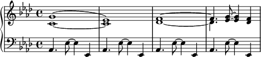 
    { \new PianoStaff << \new Staff << \new Voice \relative c'' { \set Score.tempoHideNote = ##t \tempo 4 = 172 \clef treble \key aes \major \time 4/4 \voiceOne g1( es) f~ f4. <es g>8~ <es g>4 <des f> } \new Voice \relative c' { \clef treble \key aes \major \time 4/4 \voiceTwo c1~ c des~ des4. } >> \new Staff << \relative c { \clef bass \key aes \major \time 4/4 aes4. es'8~ es4 es, aes4. es'8~ es4 es, aes4. es'8~ es4 es, aes4. es'8~ es4 es, } >> >> }
