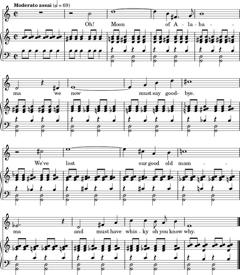 % من https://www.el-atril.com/partituras/Weill,%20Kurt/Canciones/Alabama%20song.pdf \header { tagline = ##f } \layout { indent = 0 \context { \Score \remove "Bar_number_engraver" } \context { \Voice \remove "Dynamic_engraver" } } global = { \key c \major \time 2/2 \tempo "Moderato assai" 2=69 } sopranoVoice = \relative c'' { \global \autoBeamOff \set Staff.midiInstrument = "alto sax" R1 | r2 b | d1~ | d4 b fis4. g8 | b1 d,2 r4 dis4 | e1~ | e4 gbd | cis1 | r2 cis | e1~ |e4 cis ab | c!1 | es,2. r4 | d2 fis4 a | cc b8 a b4 | e,1 \bar "|." } verse = \lyricmode { يا قمر لا -- لا -- با -- ما، علينا الآن أن نقول وداعًا. لقد فقدنا أمنا القديمة الطيبة -- ما، ويجب أن يكون لدينا ويسكي، أوه، أنت تعرف السبب. } right = \relative c'' { \global \set Staff.midiInstrument = "acoustic grand" <b a>8\ppp q q4 q8 q q4 | <b gis>8 q q4 q8 q q4 | <bg! d>8 q <b fis d>4 <bg d>8 q <b fis d>4 | <bg d>8 q <b fis d>4 <bg d>8 q q4 | <b fis d>8 q <bf d>4 <b fis d>8 q <bf d>4 | <b fis d>8 q <bf d>4 <b fis d>8 q <bf d>4 | <bg e>8 q <bg es>4 <bg e>8 q <bg es>4 | <bge!>8 q <bg es>4 <bg e>8 q <bg es>4 | <bes ge!>8 q <bes g fis>4 <bes g e>8 q <bes g fis>4 | <bes g e>8 q <bes g fis>4 <bes g e>8 q <bes g fis>4 | <ag e>8 q <ag fis>4 <ag e>8 q <ag fis>4 | <ag e>8 q <ag fis>4 <ag e>8 q <ag fis>4 | <ag es>8 ف <ag e>4 <ag es>8 ف <ag e>4 | <ag es>8 ف <ag e>4 <ag es>8 ف <ag e>4 | <a fis d>8 q <a fis es>4 <a fis d>8 q <a fis es>4 | <a fis d>8 q <a fis es>4 <a fis d>8 q <a fis es>4 | <b a>8 q <bad,>4 <b a>8 q <bad,>4 \bar "|." } leftOne = \relative c' { \global s1 | س1 | \كرر تتكشف 6 { r4 brb | } \repeat تتكشف 2 { r bes r bes | } \repeat unfold 2 { r cis r cis | } rc! rc | \repeat unfold 3 { rcrc | } rbrb \bar "|." } leftTwo = \relative c' { \global \repeat unfold 2 { b8 8 4 8 8 4 | } s4*0\pp \repeat unfold 15 { <d, g,>2 q | } \bar "|." } \score { << \new Staff \sopranoVoice \addlyrics \verse \new PianoStaff << \new Staff = "right" \right \new Staff = "left" { \clef bass << \leftOne \\ \leftTwo >> } >> >> \layout { } \midi { } }