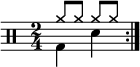 \new Staff << \new voice \relative c' { \clef percussion \numericTimeSignature \time 2/4 \set Score.tempoHideNote = ##t \tempo 4 = 100 \stemDown \repeat volta 2 { g4 d' } } \new voice \relative c'' { \override NoteHead.style = #'cross \stemUp \repeat volta 2 { a8 aaa } } >>