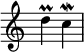 { \override Score.TimeSignature #'stencil = ##f \relative c'' { \time 2/4 d\prall c\mordent } }