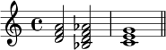 { \relative c' { \clef treble \time 4/4 <df a>2 <bes df aes> <ce g>1 \bar "||" } }