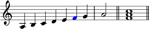  { \override Score.TimeSignature #'stencil = ##f \relative a { \clef treble \time 7/4 a4 bcde \once \override NoteHead.color = #red fg \time 2/4 a2 \bar "||" \time 4/4 <fa c>1 \bar "||" } } 