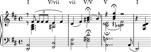  \layout { \context { \PianoStaff \accidentalStyleiano } } \new PianoStaff << \new Lyrics \lyricmode { I2 V/vii | السابع الخامس / الخامس | الخامس 1 | I } \new Staff \fixed c' { \key d \major << { r8 fis8~( \tuplet 3/2 { 8 8 8 } e4 fis) } \\ { r8 <fis, a, cis>4. ais,2 } >> | d4( fis) << { <ais cis'>4.\fermata( b8) } \\ fis2 >> | << { r4 <b d' g'>\fermata r2 } \\ { <b, d e>2\fermata( <bes, cis fis>\arpeggio) } >> | r4 <fis, cis d> } \new Staff { \clef bass \key d \major <d, a,>2 <fis, cis> | <b, fis> <e gis d'>\fermata | <a, g>2.. a,8( | d,2) } >> 