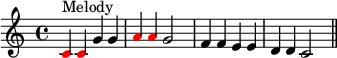 { #(set-global-staff-size 15) \set Score.tempoHideNote = ##t \tempo 4 = 120 \key c \major \time 4/4 \set Score.proportionalNotationDuration = #(ly:make-moment 1/2) \relative c' { \clef treble \once \override NoteHead.color = #red c4^\markup { Melody } \once \override NoteHead.color = #red c g' g \once \override NoteHead.color = #red a \once \override NoteHead.color = #red a g2 f4 feedd c2 \bar "||" } }