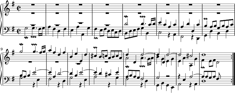  \new PianoStaff << \new Staff << \new Voice \relative c''' { \key g \major \time 2/2 \voiceOne R1*8 | g2\mordent g4.\prallprall fis16 g | a4 fis d fis | b,4 ee, d' | cis4\prall b8 cabca | d4 d, d'2~ | d4 d, d'2~ | d2 cis | d1 | \bar ":|." } \new Voice \relative c'' { \voiceTwo R1*10 | \once \override MultiMeasureRest.staff-position = -8 R1 | R1 | a2\mordent a4.\prallprall g16 a | b4 geg | e4 aa, g' | fis4\prall e8 fis d2 | } >> \new Staff << \new Voice \relative c' { \key g \major \clef bass \voiceOne \override MultiMeasureRest.staff-position = 4 R1*2 | \override MultiMeasureRest.staff-position = 6 R1 | \override MultiMeasureRest.staff-position = 4 R1 | d2\mordent d4.\prallprall c16 d | e4 cac | a4 dd, c' | b4\prall a8 bgbac | b8 a b4 e2~ | e4 a, d2~ | d4 b e2~ | e4 d cis e | a,8 bag fis2 | g2 r | r4 e a2~ | a8 aga fis | } \new Voice \relative c' { \voiceTwo g2\mordent g4.\prallprall fis16 g | a4 فيس د فيس | e4 أأ، ز' | fis4\prall e8 fis decd | b8 دي فيس g4 ب، | c2 r4 أ | fis2 r4 د | g4 د' دينار بحريني | g2 r4 ه | fis2 r4 د | g2 r4 ه | a2 r4 ز | fis2 r4 د | ز،4 بجي | a2 r4 أ | د1 | } >> >> 