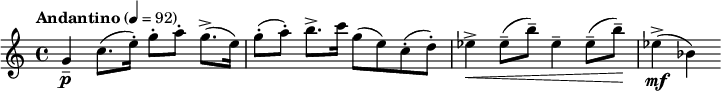 \relative c'' { \clef treble \time 4/4 \set Staff.midiInstrument = #"violin" \tempo "Andantino" 4=92 g4\p-- c8.( e16-.) g8-.[ a- .]g8.->(e16) | g8-.( أ-.) b8.-> c16 g8( ه) ج-.( د-.) | ees4->\< ees8--( b'--) ees,4-- ees8--( b'--)\! | إيس,4->\mf(بيس) }