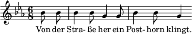 
{ \new Staff << \relative c'' {\set Staff.midiInstrument = #"clarinet" \tempo 4 = 120 \set Score.tempoHideNote = ##t \key ees \major \time 6/8 \autoBeamOff \set Score.currentBarNumber = #9 \set Score.barNumberVisibility = #all-bar-numbers-visible \bar "" \partial 4 bes8 bes | bes4 bes8 g4 g8 | bes4 bes8 g4 } \addlyrics { من الشارع يوجد كلينج بعد البوق. } >> }