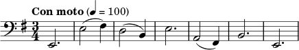  \relative c { \clef bass \key e \minor \time 3/4 \tempo "Con Moto" 4 = 100 e,2. ه'2(fis4) د2(ب4) e2. أ،2(fis4)ب2. ه، } 