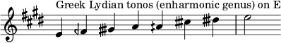 { \key e \major \override Score.TimeSignature #'stencil = ##f \relative c' { \clef treble \time 7/4 e4^\markup { نغمات الليديان اليونانية (الجنس التوافقي) على E } feh gisih a aih cisih disih e2 } } 