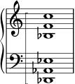 \new PianoStaff << \set PianoStaff.connectArpeggios = ##t \override PianoStaff.Arpeggio.stencil = #ly:arpeggio::brew-chord-bracket \new Staff \relative { \omit Staff.TimeSignature <bes f' c'>1\arpeggio } \new Staff \relative { \clef bass \omit Staff.TimeSignature <des, aes' ees'>1\arpeggio } >>