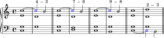 \new PianoStaff << \new Staff << \new Voice \relative c'' { \stemUp \clef treble \key c \major \time 4/4 c1^~ \once \override NoteHead.color = #red c2^\markup { " 4 – 3" } b2 c1^~ \once \override NoteHead.color = #red c2^\markup { " 7 – 6" } b2 c1^~ \once \override NoteHead.color = #red c2^\markup { " 9 – 8" } b2 c1 d^\markup { " 2 – 3" } } \new Voice \relative c' { \stemDown e1 d ed ed ed } >> \new Staff << \new Voice \relative c' { \clef bass \key c \major \time 4/4 \stemUp g1 s gf gg gg } \new Voice \relative c { \clef bass \key c \major \time 4/4 \stemDown c1 g' \bar "||" c, d \bar "||" cb \bar "||" c_~ \once \override NoteHead.color = #red c2 b \bar "||" } >> >>