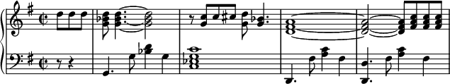 
    { \new PianoStaff << \new Staff << \relative c'' { \clef treble \key g \major \time 2/2 \partial4. d8 dd <g, bes d>8 <g~ bes~ d~>4. <g bes d>2 r8 <g c> c cis <g d'> <g bes>4. <d~ fis~ a~>1 <d~ fis~ a~>2 <d fis a>8 <fis a c> <fis a c> <fis a c> } >> \new Staff << \relative c { \clef bass \key g \major \time 2/2 \partial4. r8 r4 g4. g'8 <bes d>4 g <c, es g c>1 d,4. fis'8 <a c>4 fis <d, d'>4. fis'8 <a c>4 fis } >> >> }

