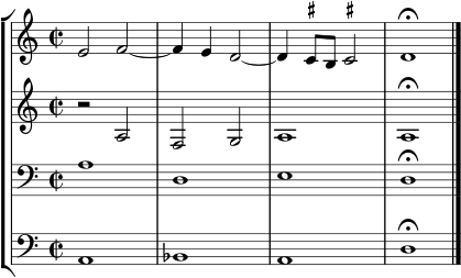  { << \new StaffGroup << \new Staff << \clef treble \time 2/2 \relative c' { \clef treble \time 2/2 e2 f2~ f4 e d2~ d4 \once \set suggestAccidentals = ##t cis8 b \once \set suggestAccidentals = ##t cis!2 d1\fermata } >> \new Staff << \clef treble \time 2/2 \new Voice \relative c' { r2 afg a1 a1\fermata } >> \new Staff << \clef bass \time 2/2 \new Voice \relative c' { a1 d, ed\fermata } >> \new Staff << \clef bass \time 2/2 \new Voice \relative c { a1 bes ad\fermata \bar "|." } >> >> >> } 