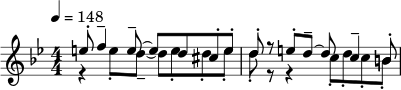 \relative c'' { \clef treble \key g \minor \numericTimeSignature \time 4/4 \tempo 4 = 148 << { e8-. f4--e8--~إد رابطة الدول المستقلة-. ه-. | د-. يكرر-. د--~ د c4-- ب8-. } \\ { r4 e8-. د--~ د ه-. د-. ه-. | د-. ص r4 c8-. د-. ج-. ب-. } >> }