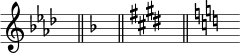 \relative c' { \omit Score.TimeSignature \set Staff.printKeyCancellation = ##f \key aes \major s8^"" \bar "||" \key f \major s^"" \bar "||" \key e \major s^"" \bar "||" \key c \major s^"" } 