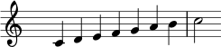 \relative c' { \clef treble \time 7/4 \hide Staff.TimeSignature c4 defgab c2 }