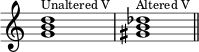 { \override Score.TimeSignature #'stencil = ##f \relative c'' { \clef treble \time 4/4 \key c \major \textLengthOn <gb d>1^\markup { \tiny "Unaltered V"} <gis b des>^\markup { \tiny "Altered V"} \bar "||" } } 