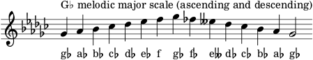 \header { tagline = ##f } scale = \relative f' { \key ges \major \omit Score.TimeSignature ges^"G♭ melodic major scale (ascending and descending)" as bes ces des es f ges fes eses des ces bes as ges2 } \score { { << \cadenzaOn \scale \context NoteNames \scale >> } \layout { } \midi { } }