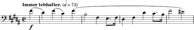 \new Staff \relative c' { \clef bass \time 2/2 \key b \major \tempo "Immer lebhafter." 2=72 \partial 4 \set Staff.midiInstrument = #"string ensemble 1" fis4-\f(dis) fis(cis) fis(b,2 fis4 e8. fis16 dis4 fis dis' cis8. b16 fis'2 eis) }
