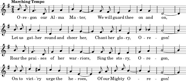 { \language "english" \new Voice \fixed c' { \set Staff.midiInstrument = #"brass section" \set Score.tempoHideNote = ##t \tempo "Marching Tempo" 4 = 144 \stemUp \clef treble \key g \major \time 2/4 \partial 4 \autoBeamOff b8 a g4. d8 g4 abg~g g8 fs e4 gag d2~d4 \bar "" \break b8 c' b4 adbag~g fs8 g a4 eb bf a2~a4 \bar "" \break b8 a g4. d8 g4 abg~g g8 fs e4 fs ga b2~b4 \bar "" \break b8 b d'4 cs' c' bae~e g8 ab d' b4~ba g2~g4 \bar "" \break } \addlyrics { يا أمنا، سنحرسكِ دائمًا، فلنُحيط بها ونُشجعها، ولنُنشد مجدها، يا أمنا! هدروا بمديح محاربيها، وغنوا قصتها، يا أمنا! لنُشجع أبطالنا على النصر، يا أمنا! } }