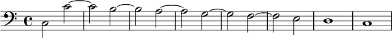  { \new Staff << \new Voice \relative c' { \stemDown \clef bass \key c \major \time 4/4 \tempo 1 = 60 \set Score.tempoHideNote = ##t c,2 c'~ cb~ ba~ ag~ gf~ fe d1 c } >> } 