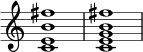  { \override Score.TimeSignature #'stencil = ##f \time 4/4 <c' e' b' fis''>1 <c' e' g' b' fis''>1 } 