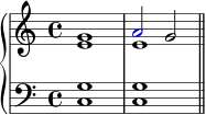 \new PianoStaff << \new Staff << \new Voice \relative c'' { \clef treble \key c \major \time 4/4 \stemUp g1 \once \override NoteHead.color = #red a2 g } \new Voice \relative c' { \stemDown e1 e } >> \new Staff << \relative c { \clef bass \key c \major \time 4/4 <c g'>1 <c g'> \bar "||" } >> >>